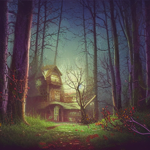 haunted house, trees in the distance, tree leaves on the ground, mischievous and gorgeous, vibrantcolors, awardwinning, intricate, insanelydetailed, digitalpainting, conceptart, horrorvibes