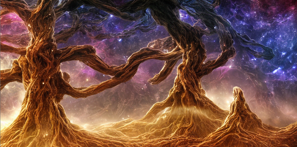 Prompt: anime multiversal cosmic web tree made of petrified asgardian gold, roots made of galaxies and gas clouds, warped space, !dark, greeble, dramatic, grandiose, octane, digital cgi art, 8K, HDR, high quality render, trending on artstation, intricate, warm lighting, photorealistic, long shot