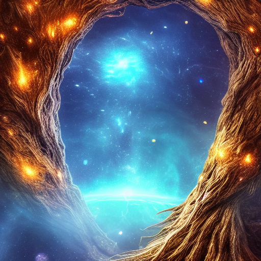 Stable Diffusion Prompt: anime multiversal cosmic web tree made of petrified asgardian gold, roots made of galaxies and gas clouds, warped space, !dark, greeble, dramatic, grandiose, octane, digital cgi art, 8K, HDR, high quality render, trending on artstation, intricate, warm lighting, photorealistic, long shot