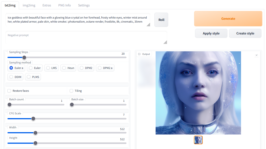 Stable Diffusion text to image interface  Prompt: Ice goddess with beautiful face with a glowing blue crystal on her forehead, frosty white eyes, winter mist around her, white plated armor, pale skin, white smoke:: photorealism, octane render, frostbite, 8k, cinematic, 35mm
Steps: 20, Sampler: Euler a, CFG scale: 7, Seed: 1500514266, Size: 512x512
