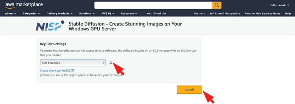 Launch a Marketplace Server in the AWS Cloud - Key pair settings