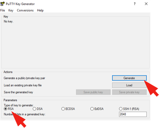 PuTTY Key Generator screen - Generate RSA