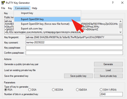 PuTTY Key Generator screen - Export OpenSSH key