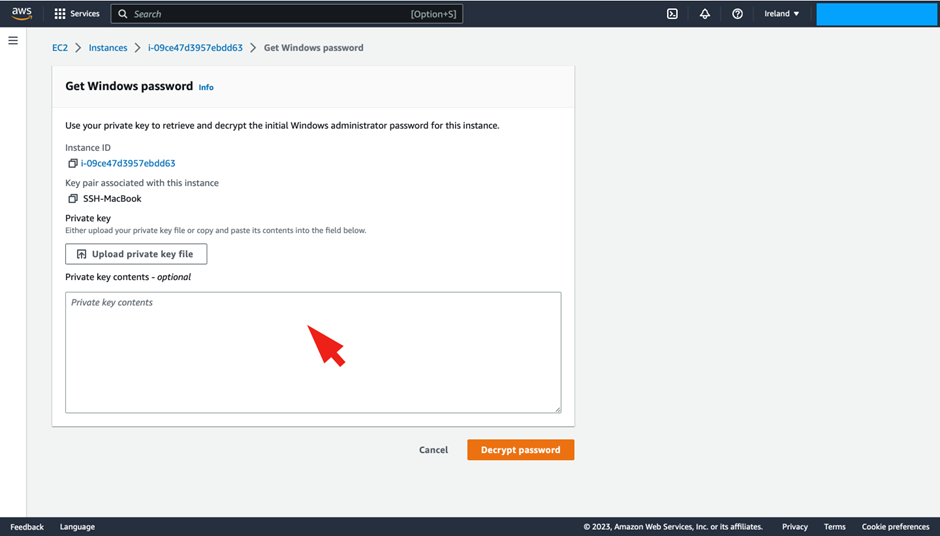 How to Connect to your AWS Cloud Server with DCV - Login to a Windows Server: upload private key .pem file or fill in the content of the file, then decrypt password