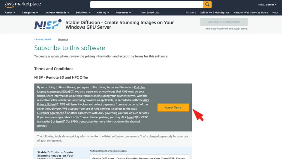 Launch a Marketplace Server in the AWS Cloud - Accept terms