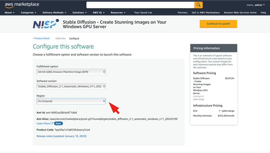 Launch a Marketplace Server in the AWS Cloud - Choose your preferred region