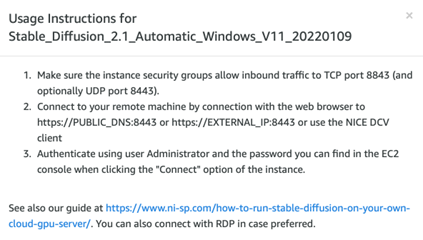 Launch a Marketplace Server in the AWS Cloud - Usage instructions for stable diffusion