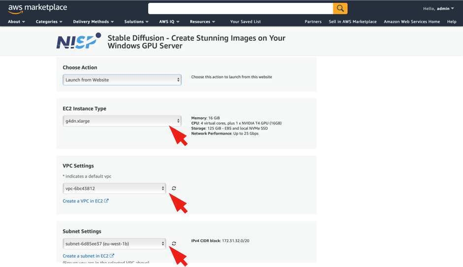 Launch a Marketplace Server in the AWS Cloud - Choose action, EC2 instance type, VPC settings and subnet settings