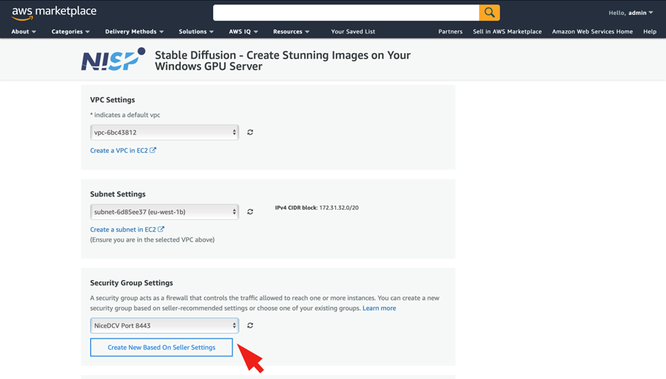 Launch a Marketplace Server in the AWS Cloud - Security group selection options